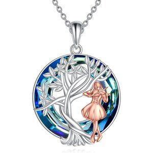 Sterling Silver Tree of Life Necklace with Crystal, 18+2 inch Chain, Gift Box